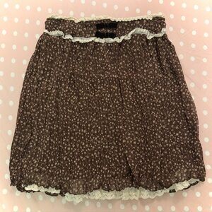 LIZ LISA Brown Floral Pleated Skirt with Cream Lace Trim